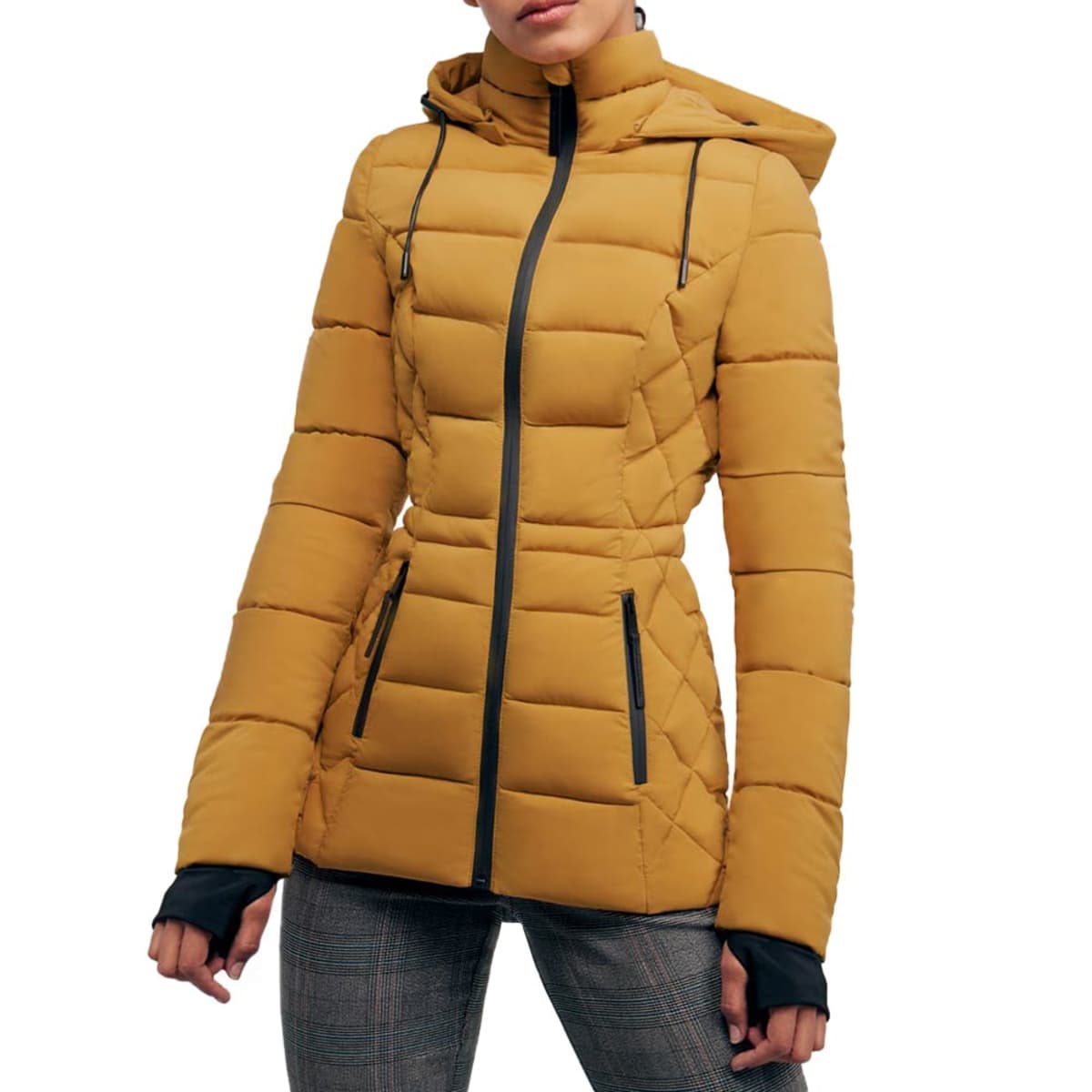 Chamarra marca Holly Land para mujer con capucha desmontable, color amarillo mostaza, mod. 1035004