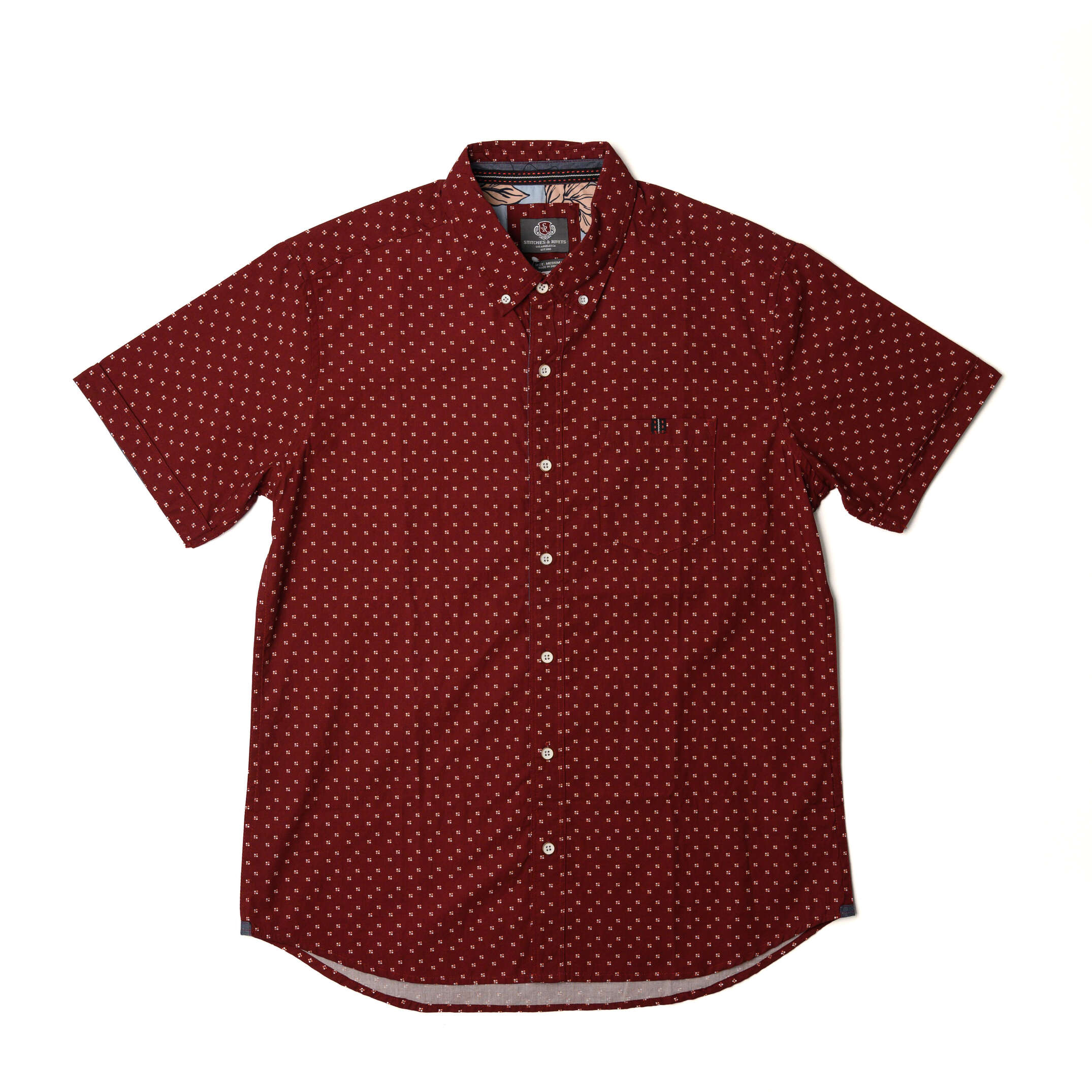 Camisa Manga Corta Rojo Vino Estampada con detalles en blanco - Stitches & Rivets