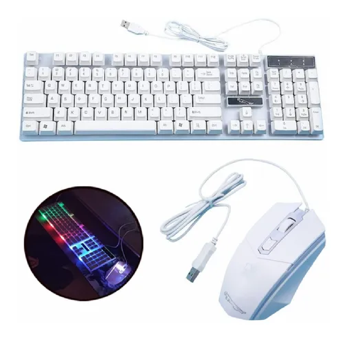 Kit Teclado Mouse Gamer Luz Rgb Led Usb Alambrico Blanco