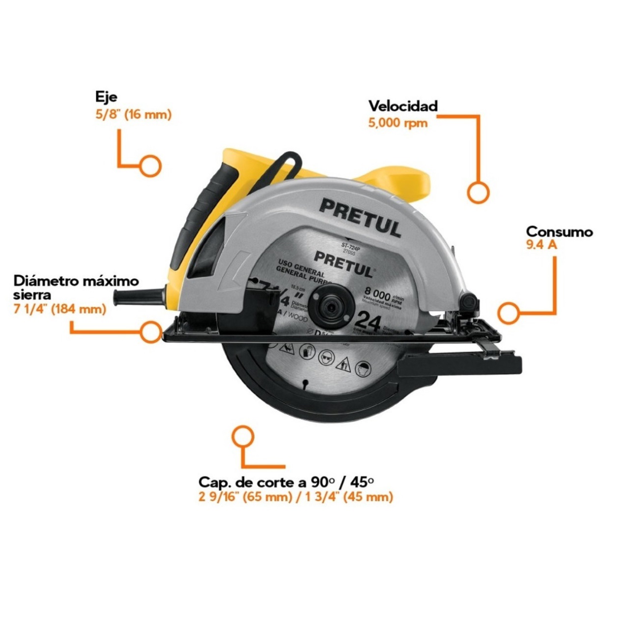 Sierra Circular para Cortar Madera  7-1/4" 1200 W, Pretul