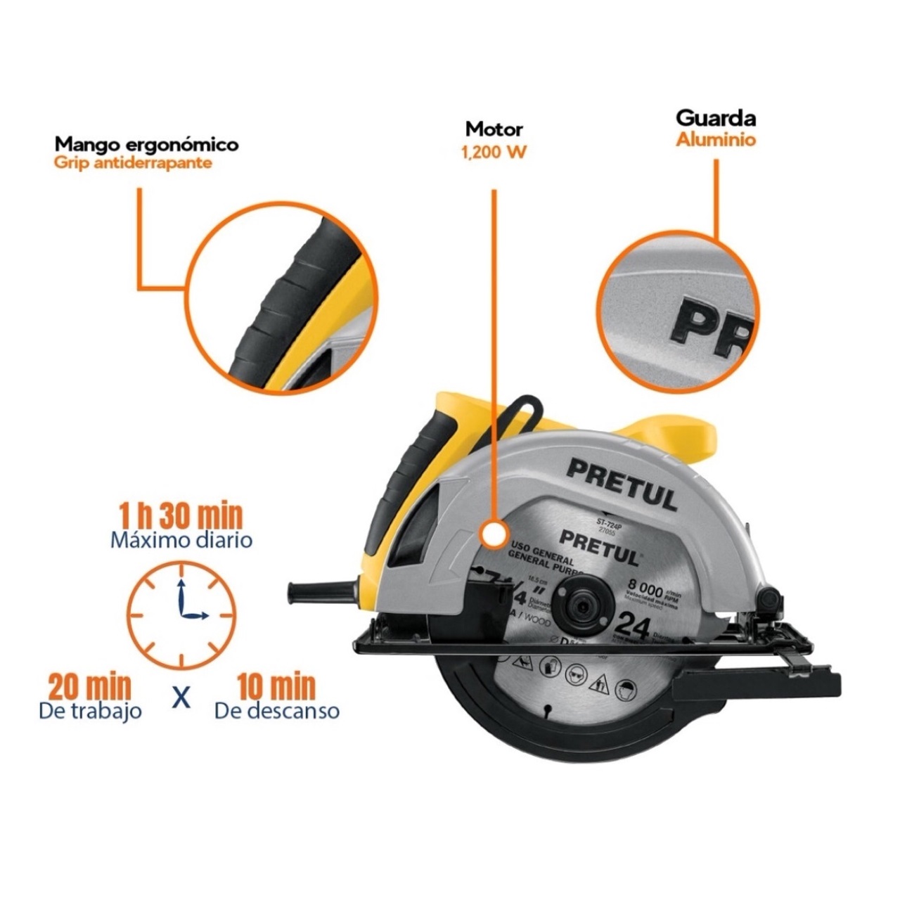 Sierra Circular para Cortar Madera  7-1/4" 1200 W, Pretul