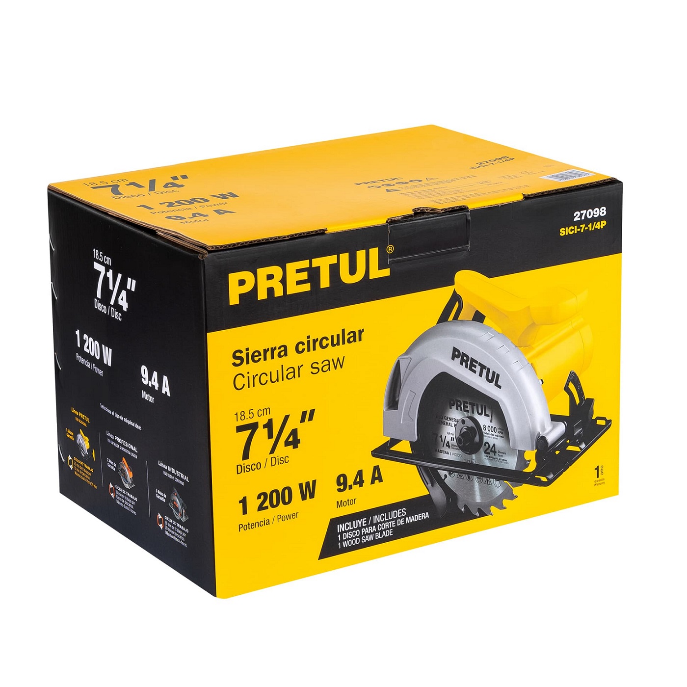 Sierra Circular para Cortar Madera  7-1/4" 1200 W, Pretul
