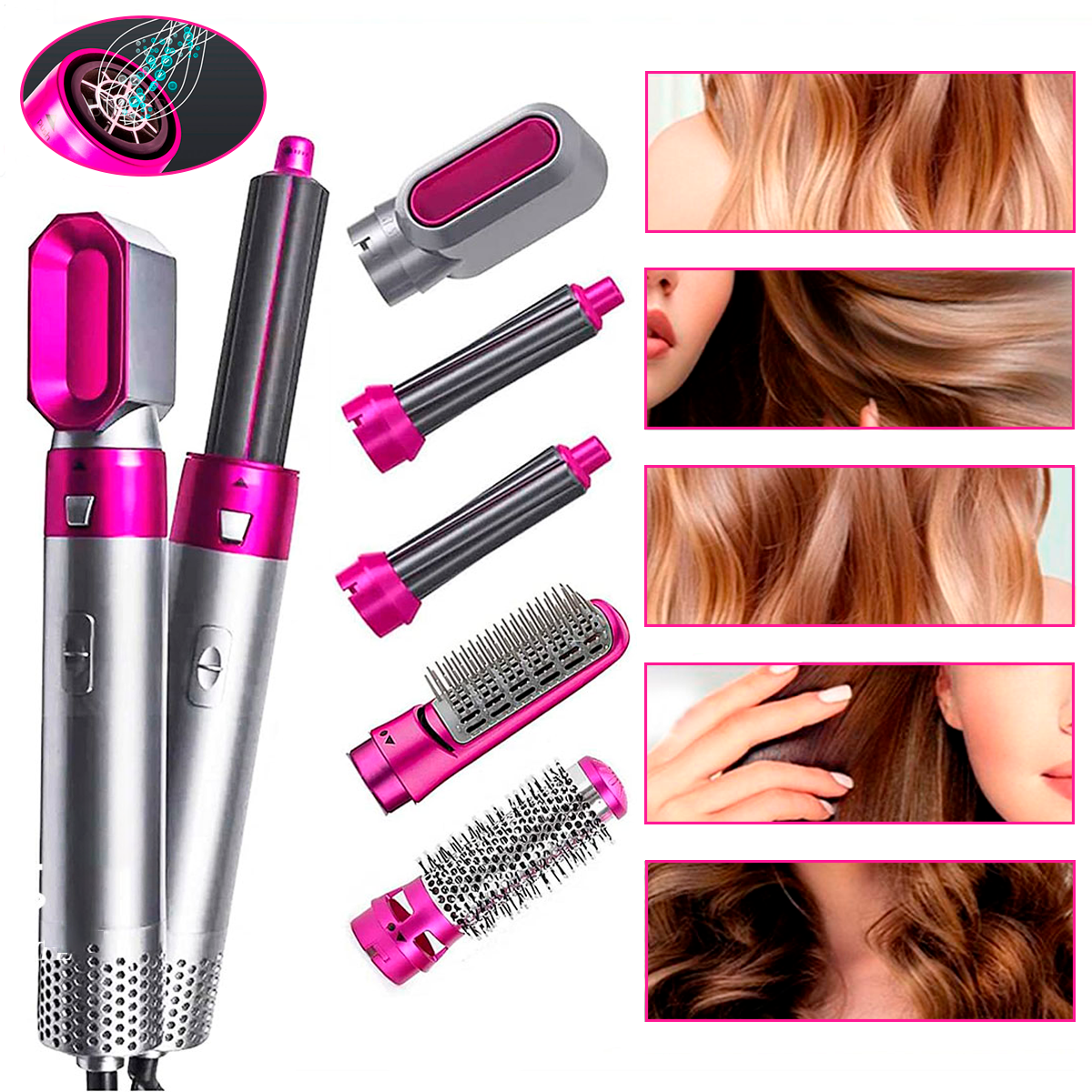 Secador De Pelo Multifuncional 5 en 1, Cepillo De Pelo Giratorio, Peine Para Estilismo, Rizador, Voluminizador Cepillo Secador De Pelo 5 Es 1 Para Peinado De Mujer.