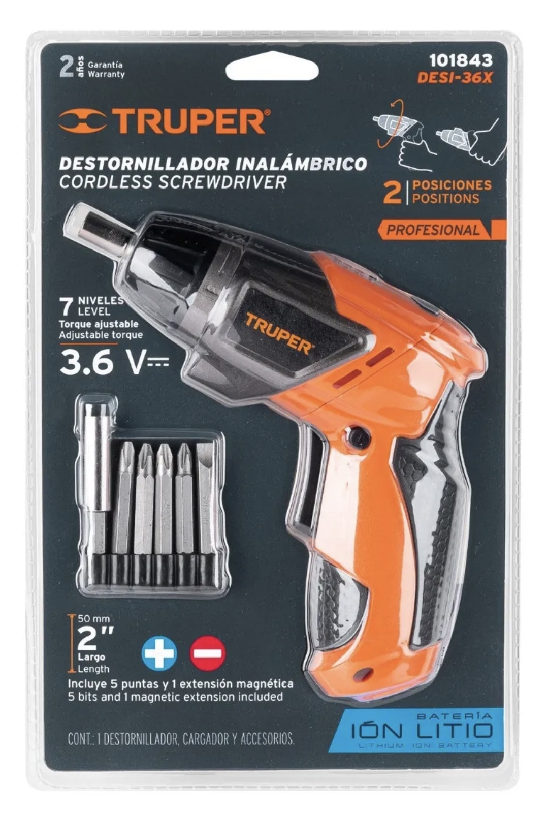 Destornillador inalambrico truper 2 posiciones 3.6 volts