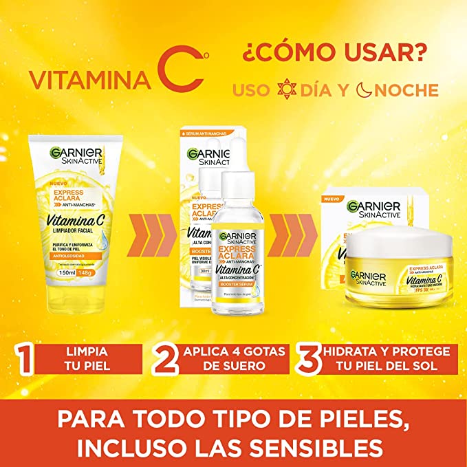 Garnier Skin Active Kit express aclara: serum, crema y gel con vitamina c