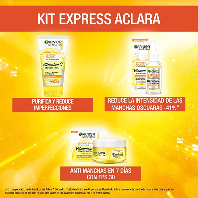 Garnier Skin Active Kit express aclara: serum, crema y gel con vitamina c