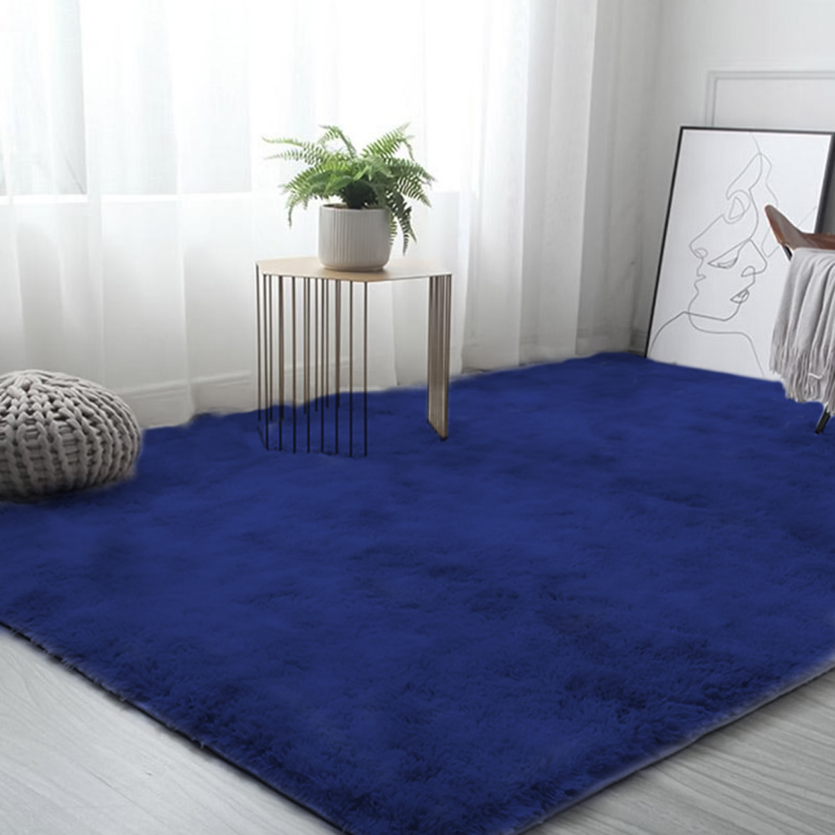 Tapete Sala Tipo Shag 200x160cm Pelo Largo Suave Azul Marino