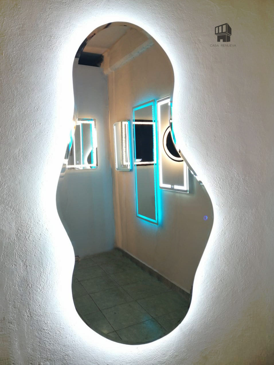 Espejo de forma irregular con luz led  para decoración ideal para baño, sala, comedor, habitación y escaleras, moderno, Casa Renueva, Jizan