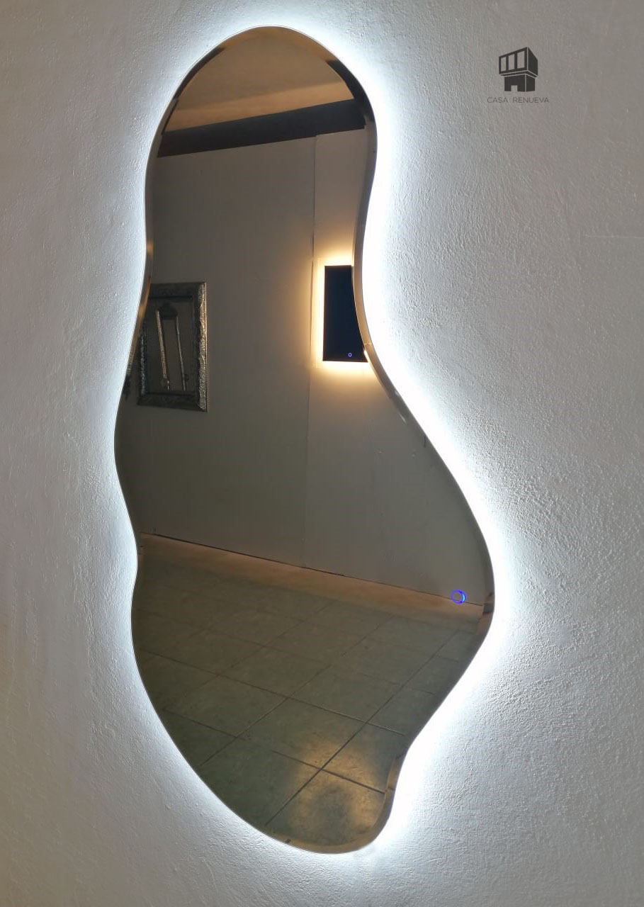 Espejo de forma irregular con luz led  para decoración ideal para baño, sala, comedor, habitación y escaleras, moderno, Casa Renueva, Jizan