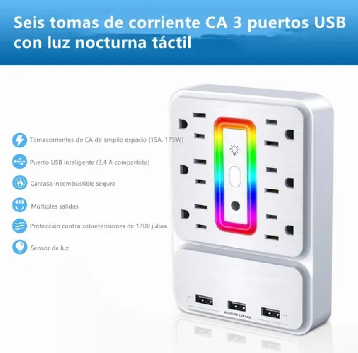 Regleta De Alimentación De Pared 3 Usb Y 6 Salidas De Ca