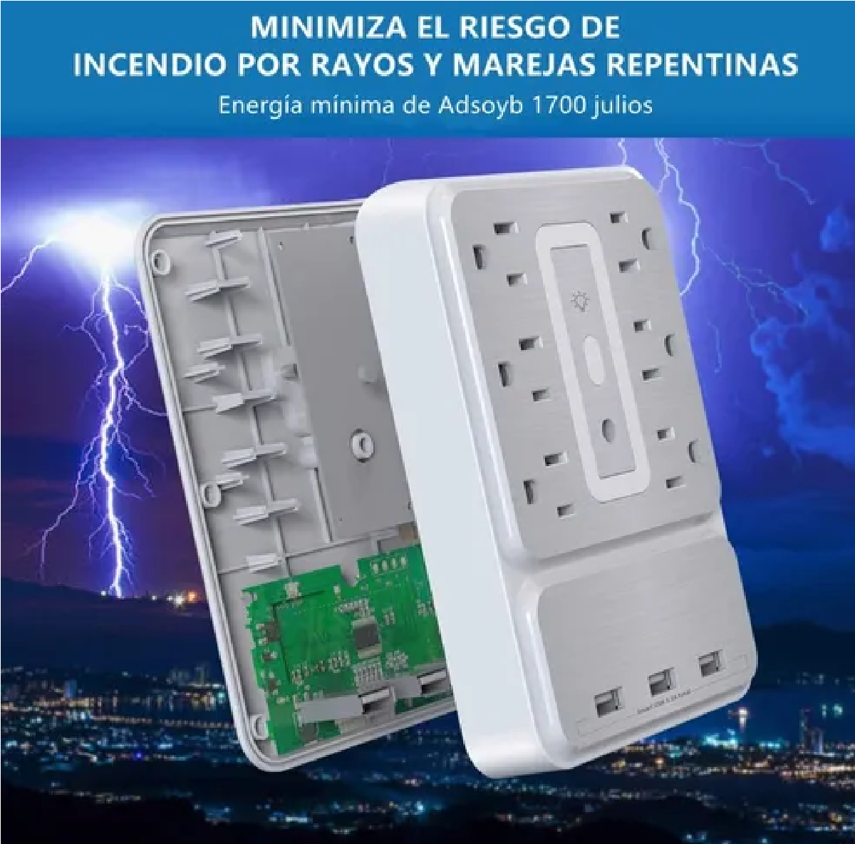 Regleta De Alimentación De Pared 3 Usb Y 6 Salidas De Ca