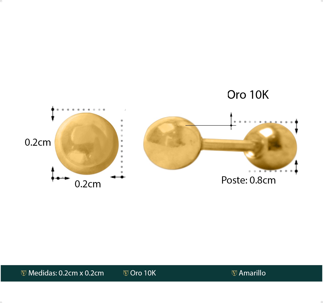Aretes Bola 2mm | Broquel Oro Puro 10k Piercing Mujer Niña.