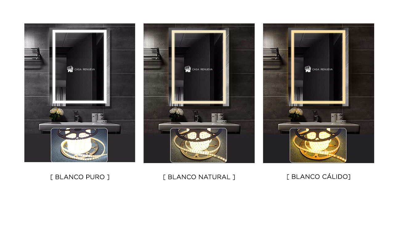 Espejo grande de iluminación led con apagador touch moderno, elegante ideal para baño Casa Renueva, Casa Blanca
