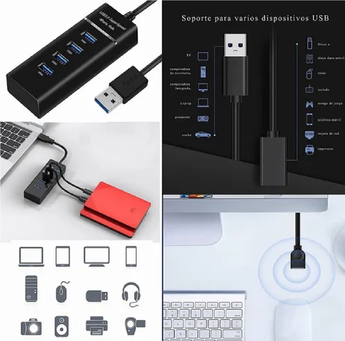 Hub Usb 3.0 4 Puertos Expansor Multi Para Laptop Pc 4 En 1