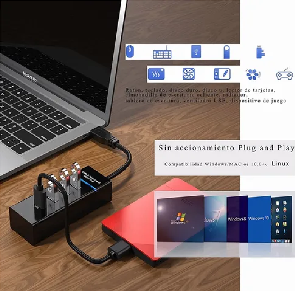 Hub Usb 3.0 4 Puertos Expansor Multi Para Laptop Pc 4 En 1