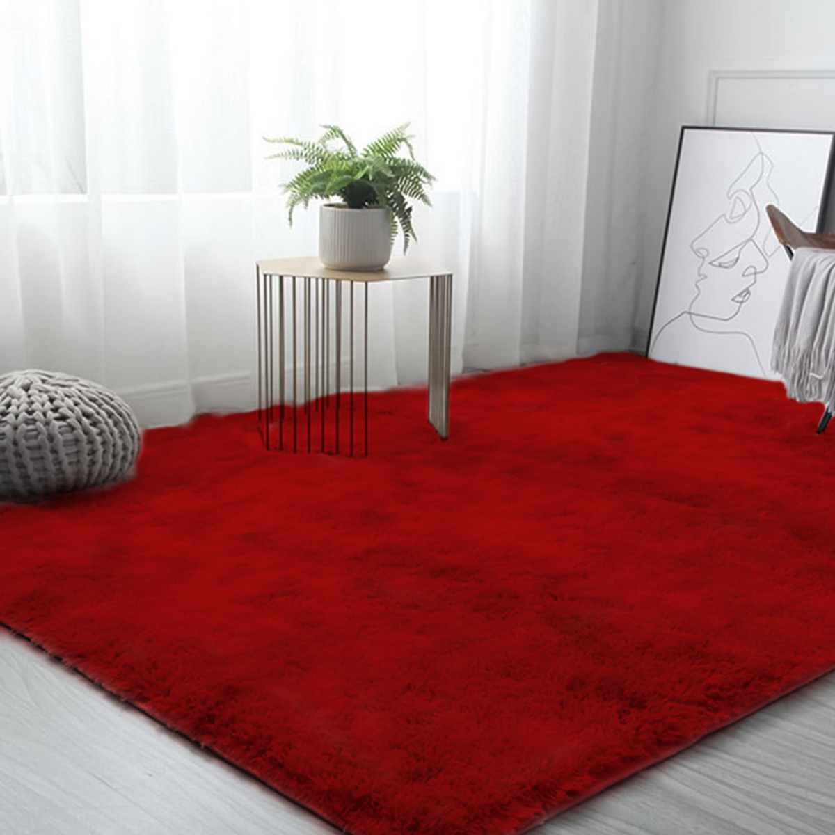 Tapete Sala Tipo Shag 200x160cm Pelo Largo Suave Rojo