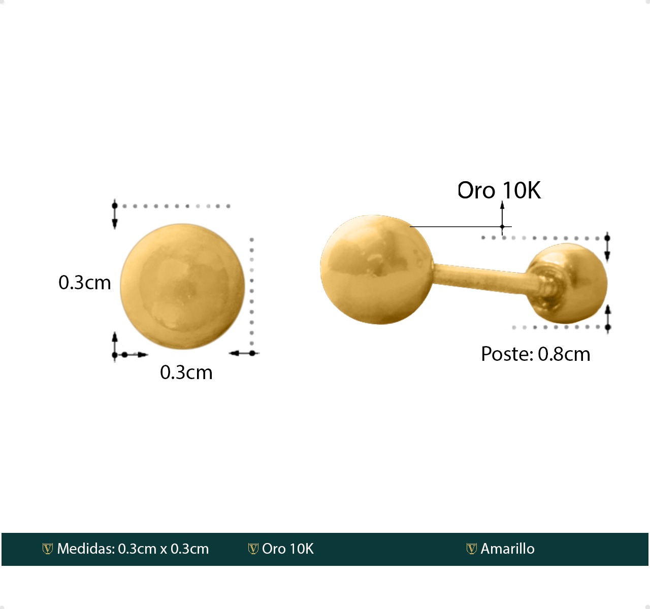 Aretes Bola 3mm | Broqueles Oro Puro 10k Piercing + Estuche