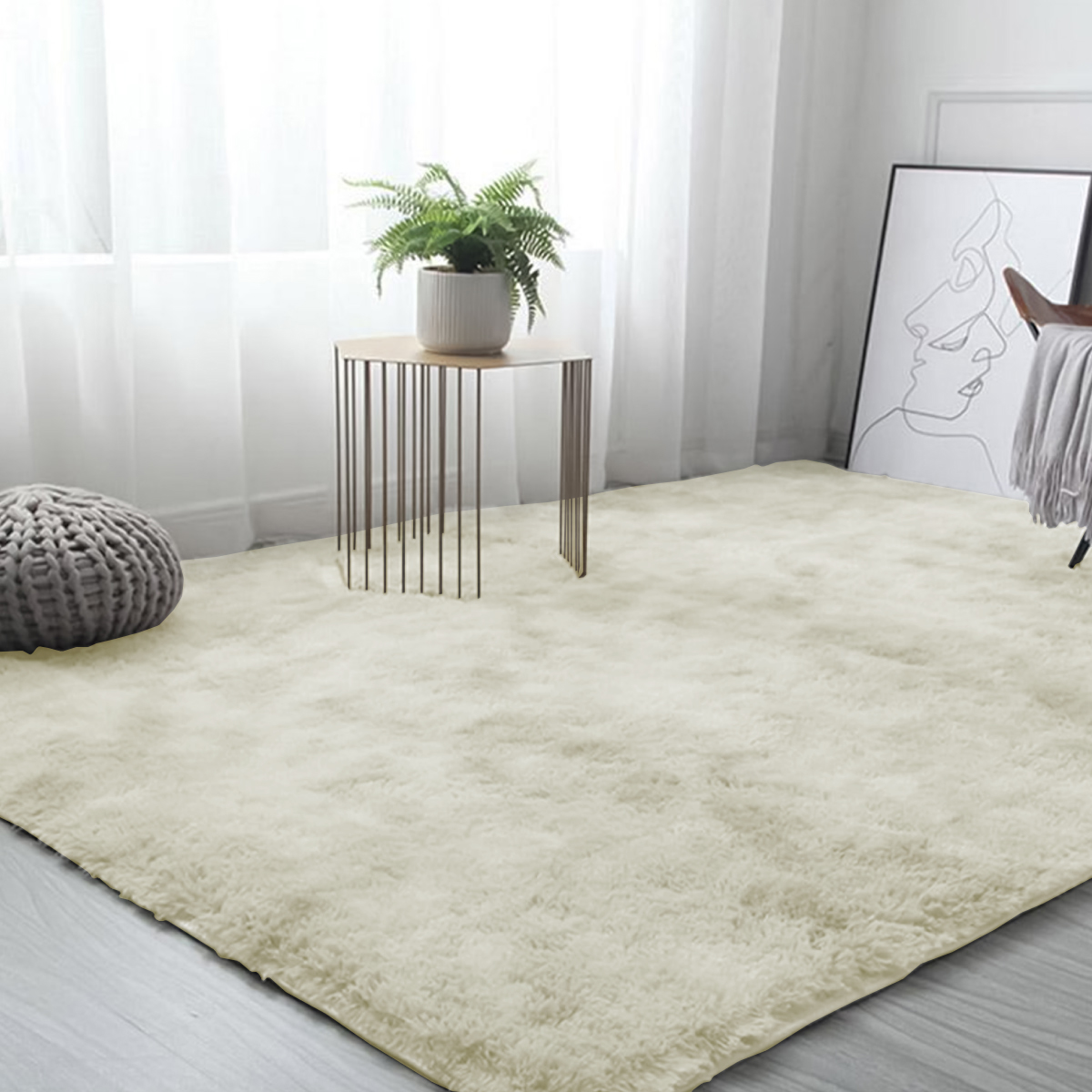 Tapete Sala Tipo Shag 200x160cm Pelo Largo Suave Crema