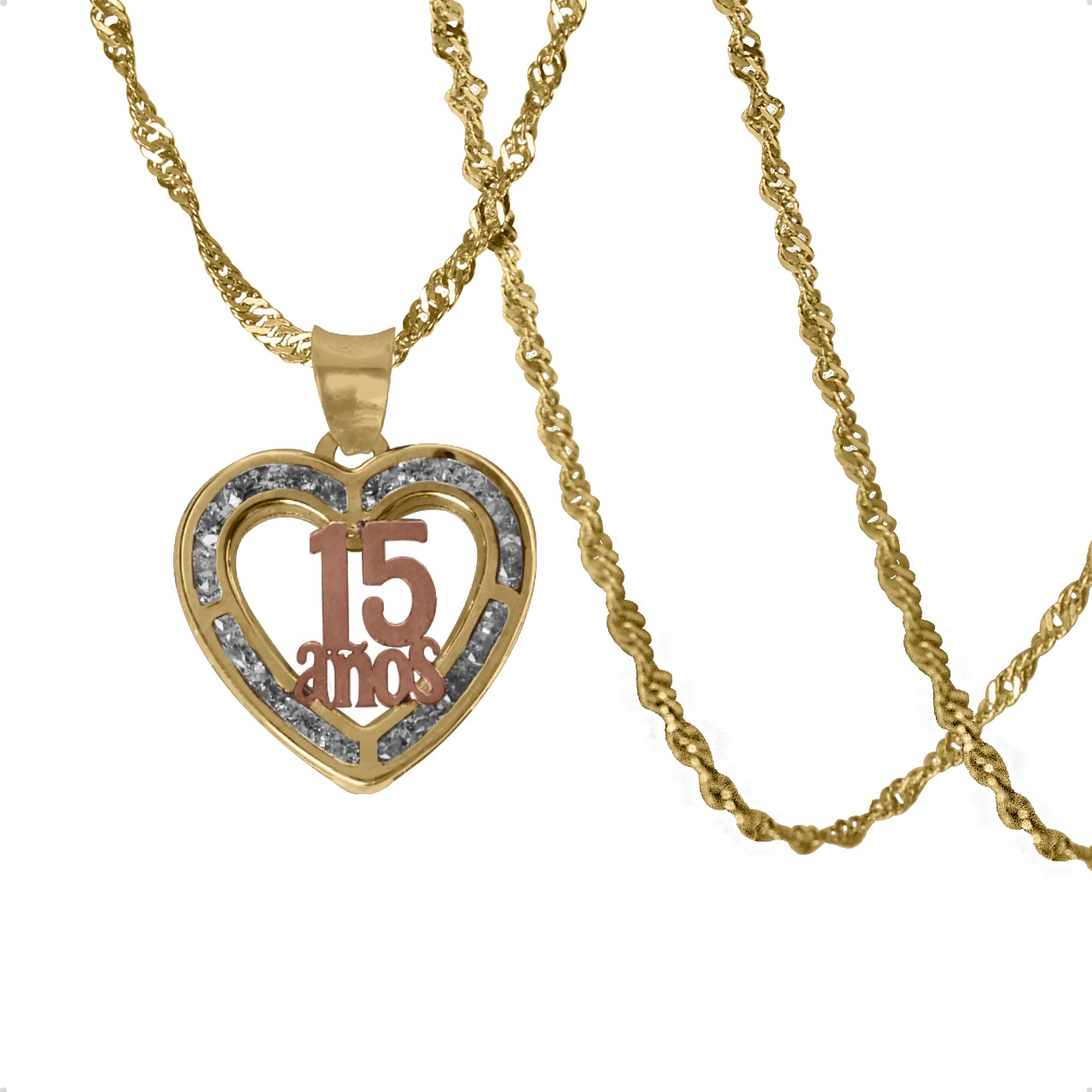 Dije 15 Años Corazón Dije Con Cadena 50cm Oro 10k