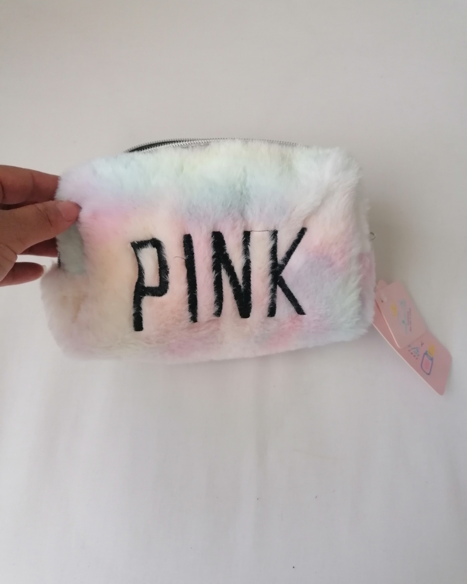 Cosmetiquera de peluche con letras Pink, espaciosa, con cierre, tela suave