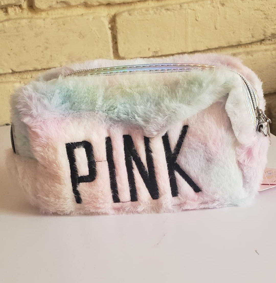 Cosmetiquera de peluche con letras Pink, espaciosa, con cierre, tela suave