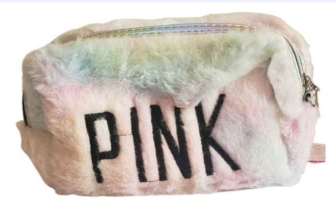 Cosmetiquera de peluche con letras Pink, espaciosa, con cierre, tela suave