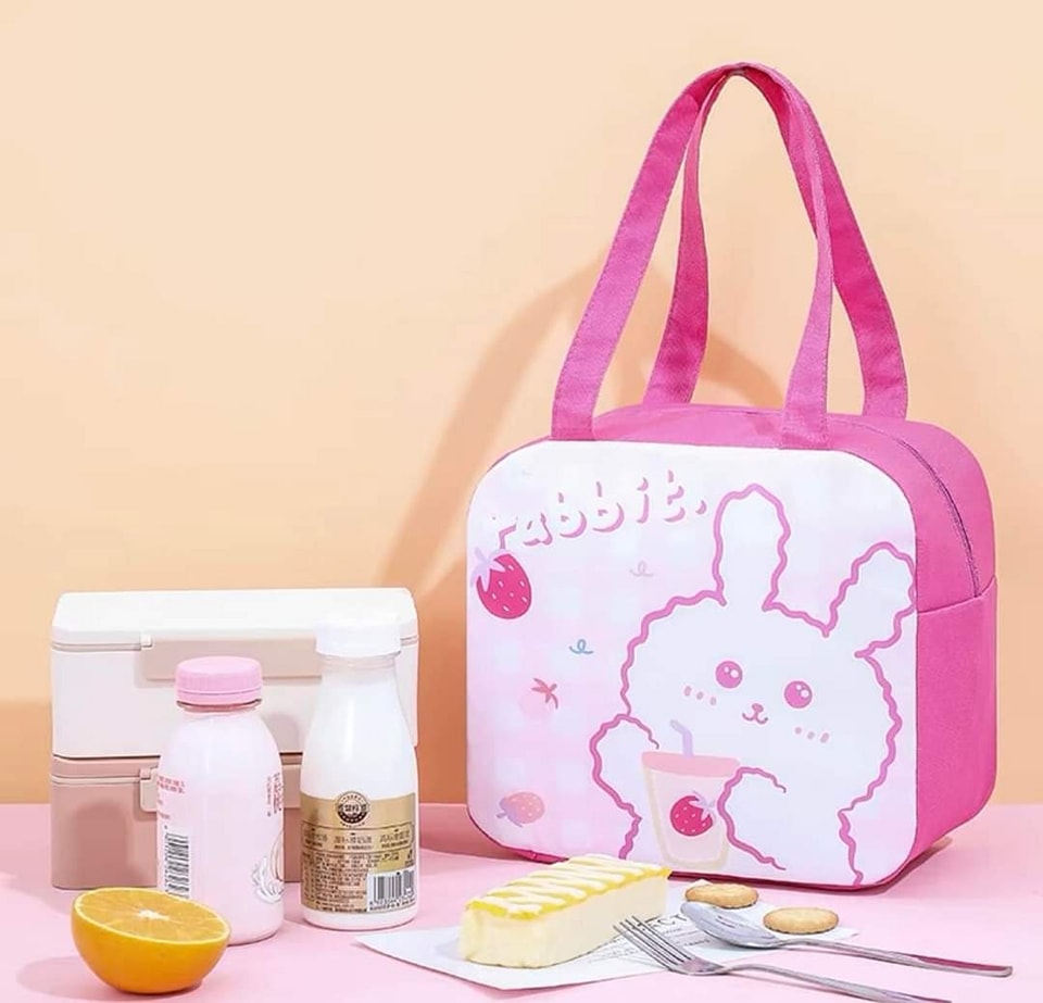 Lonchera kawaii rosa de conejo, con interior de aluminio