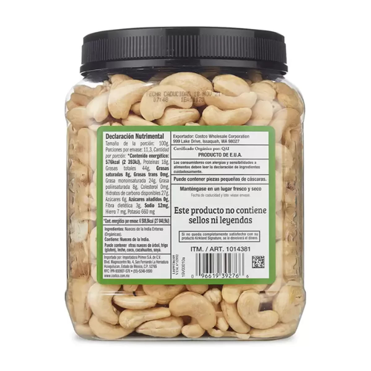 Nueces de la India Orgánicas sin Tostar sin Sal Kirkland 1.13kg