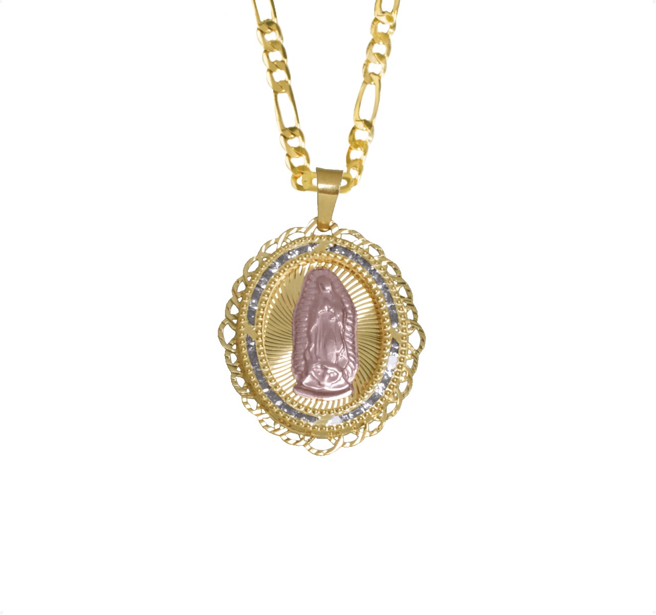 Medalla Virgen Guadalupe Oro 10k | Amarillo Y Rosa + Cadena