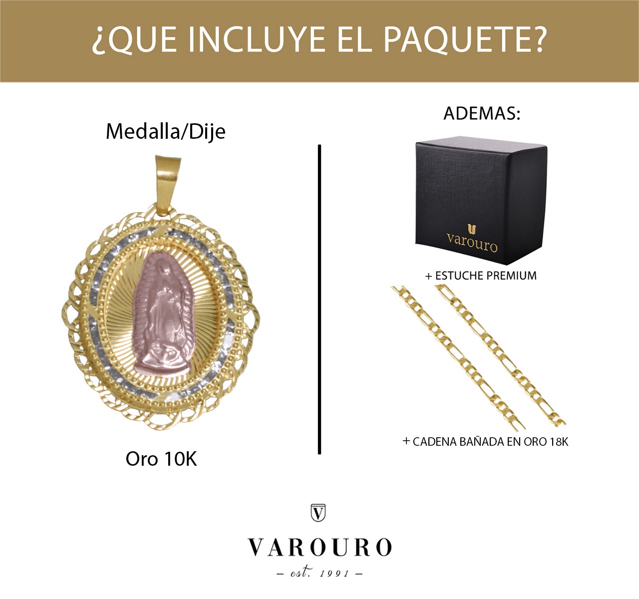 Medalla Virgen Guadalupe Oro 10k | Amarillo Y Rosa + Cadena