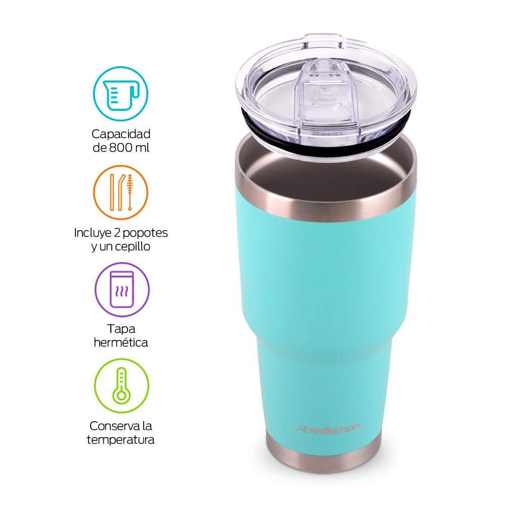 Termo y Vaso Térmico Acero Inoxidable 2 Popotes 800 ml