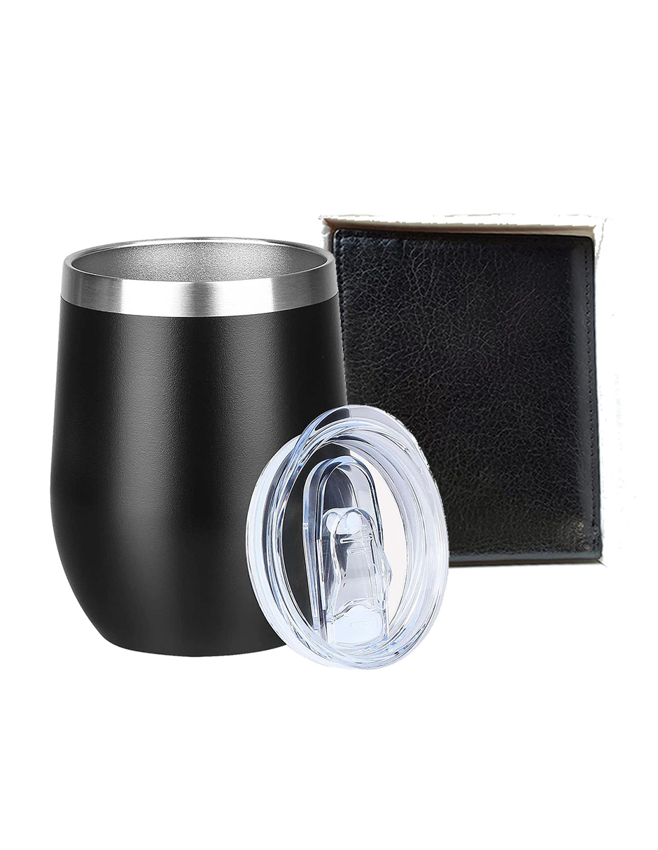 Cartera de cuero uruguayo con termo negro de 350ml con doble pared aislada Dear Boss PT-57