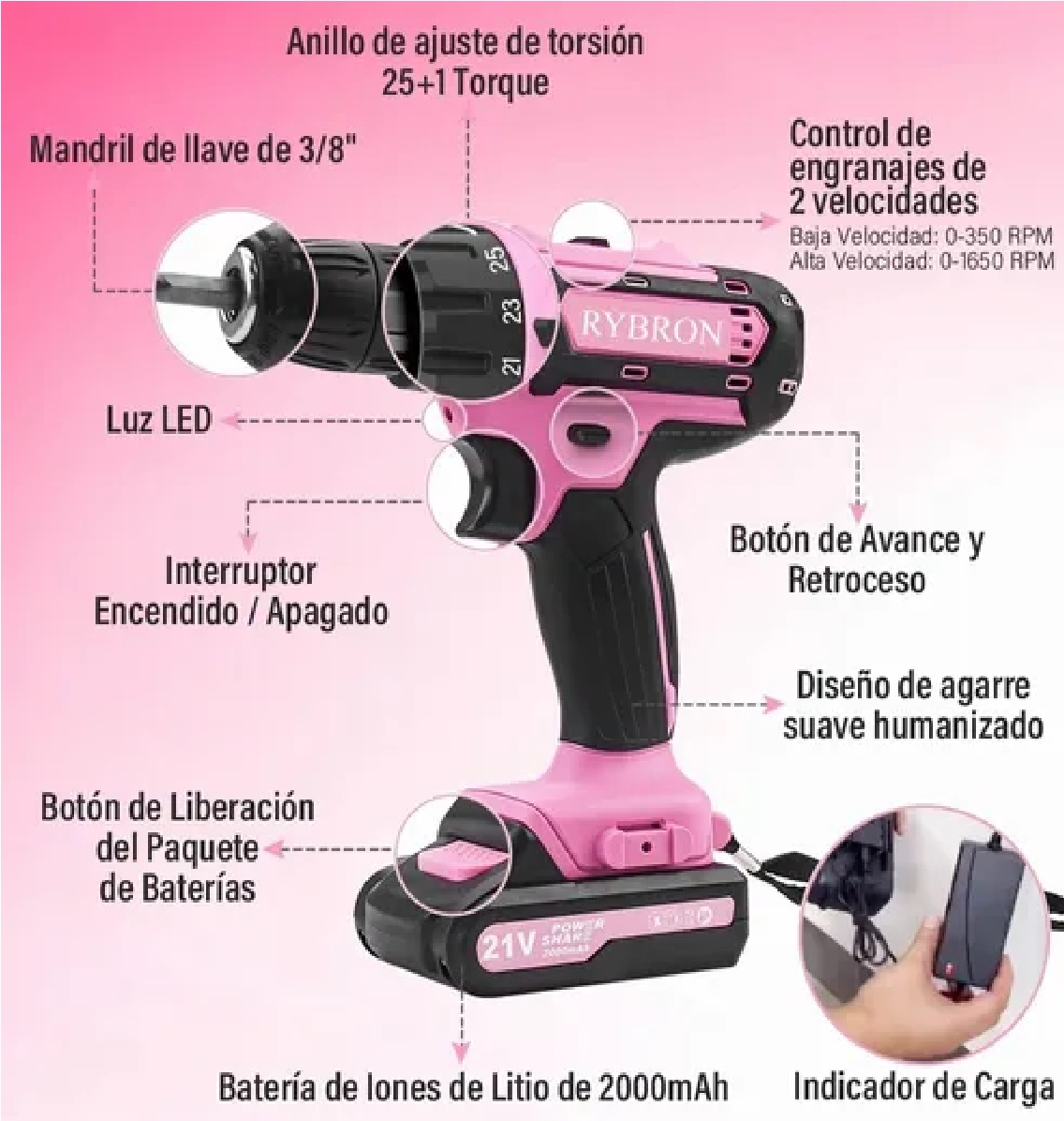 Kit Taladro Eléctrico Rosa 3 en 1