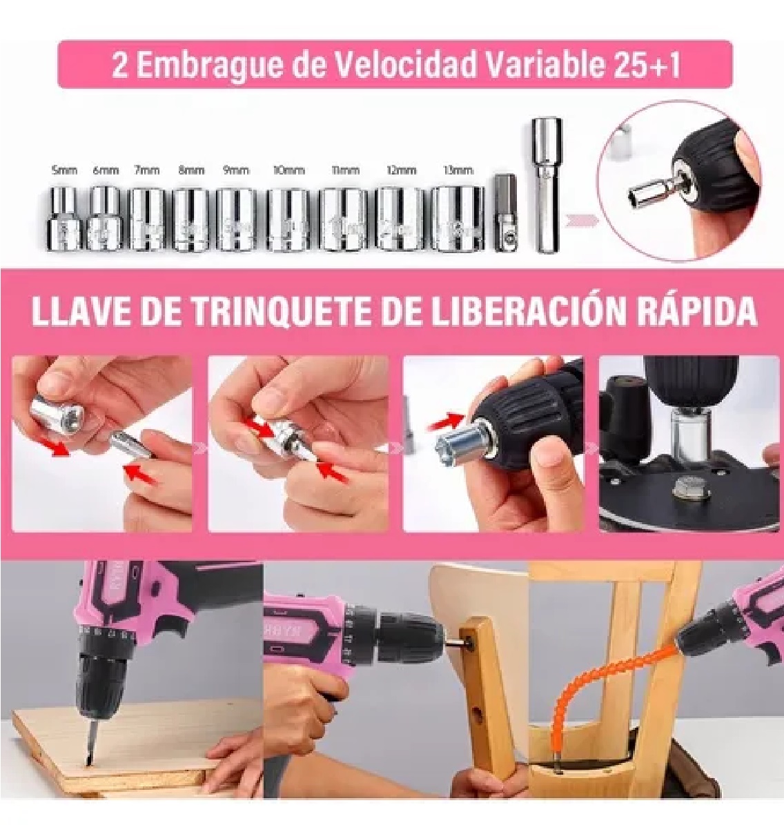 Kit Taladro Eléctrico Rosa 3 en 1