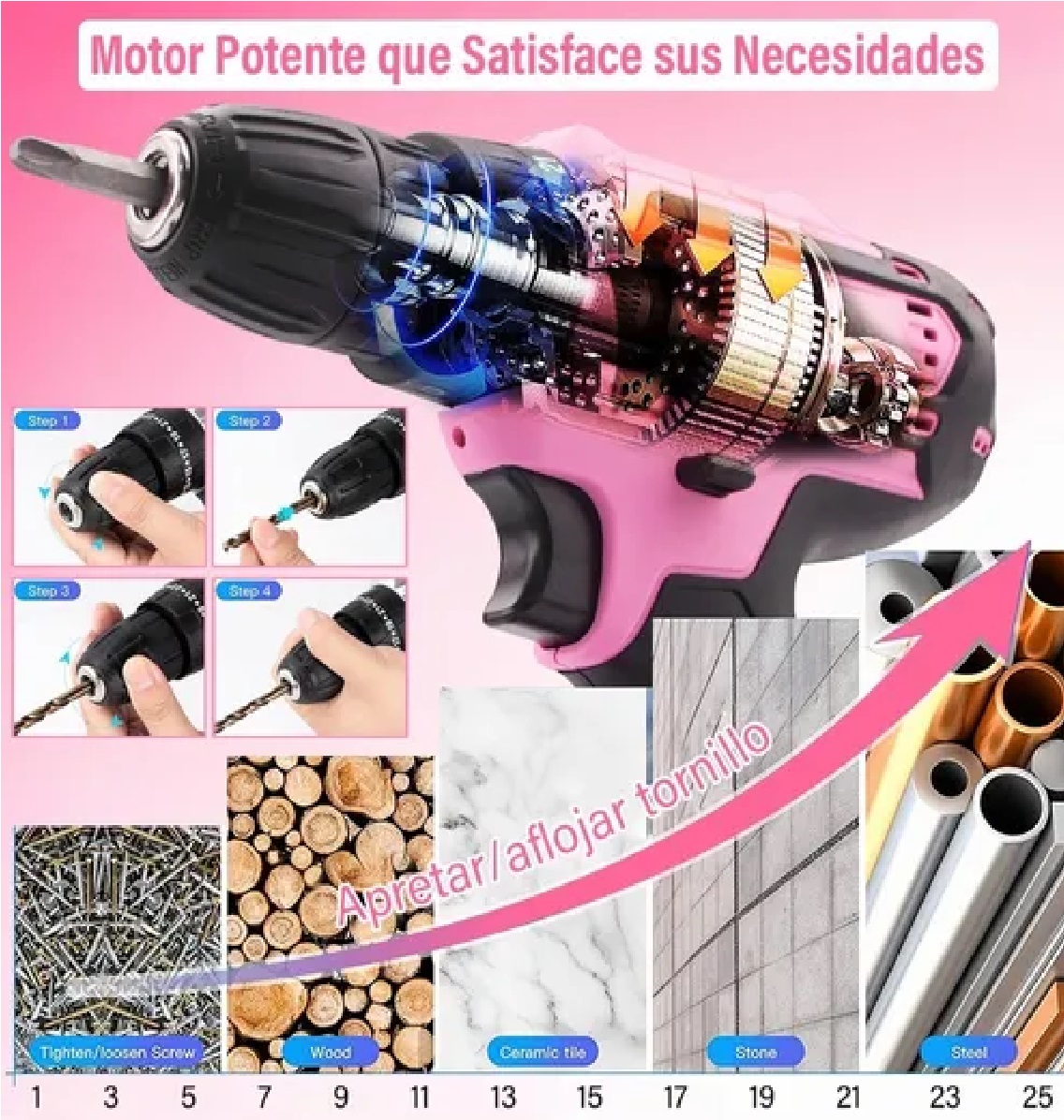 Kit Taladro Eléctrico Rosa 3 en 1