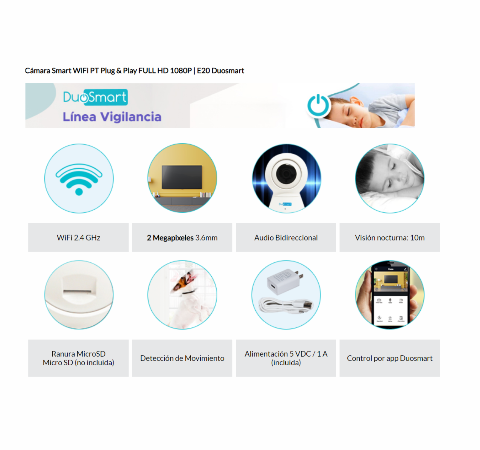 CAMARA INTELIGENTE CON MOVIMIENTO PT WIFI PARA INTERIOR FULL HD 1080P CON APP CON AUDIO BIDIRECCIONAL MEMORIA MICRO SD