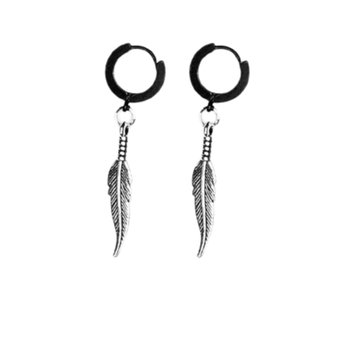 Par de Arracadas Verdaderas Negras de Acero con Pluma Etnica Largas Color Plata
