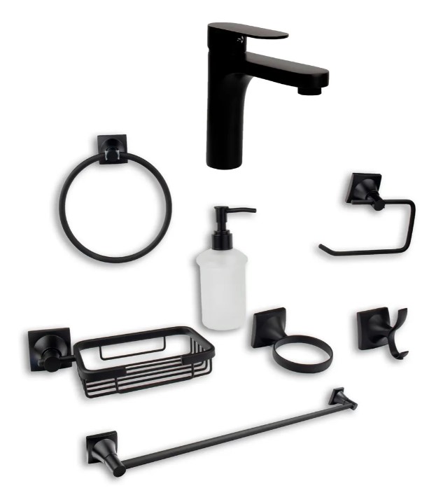 Accesorios completos Para Baño incluye Mezcladora Para Lavabo (Negro Mate) El Kit más completo para tu baño