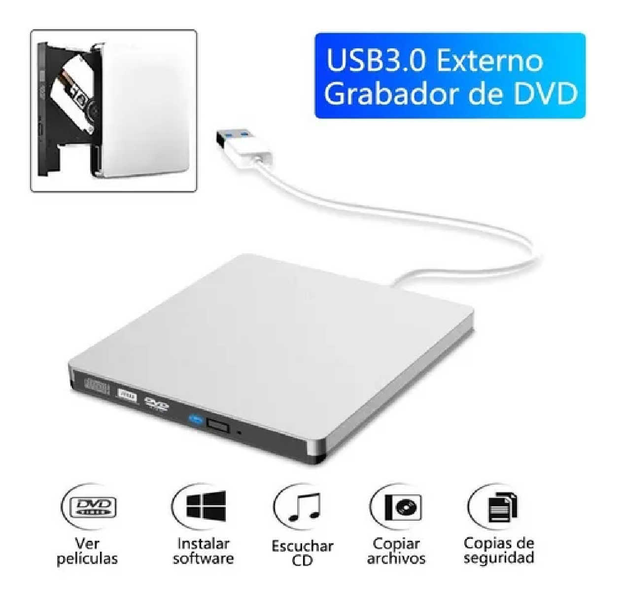 Lectora Y Grabadora De Dvd/cd Externa, Usb Win 10 Mac Blanco