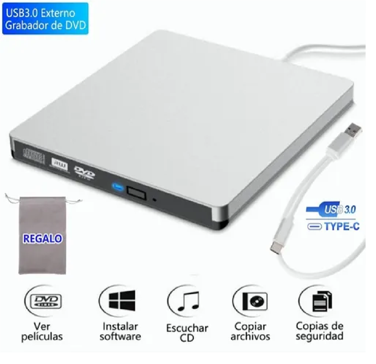 Lector CD/DVD-RW Externo, Grabadora con USB 3.0 y Type-C