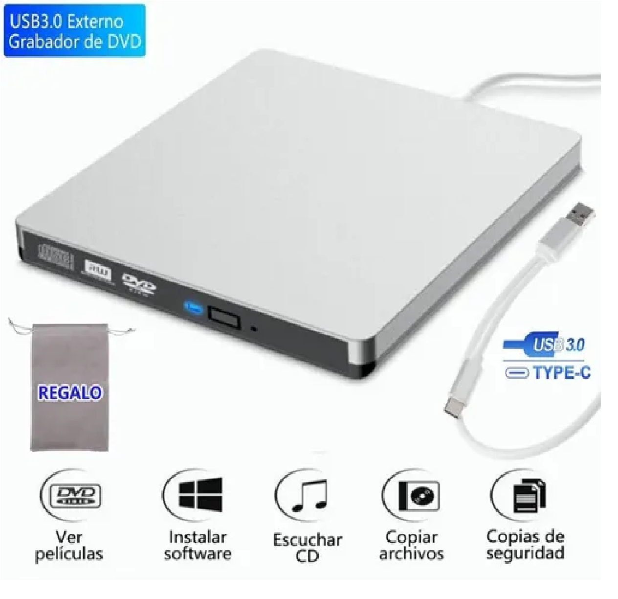 Grabador Quemador Externo Cd Lector Dvd Slim Con Usb Type C