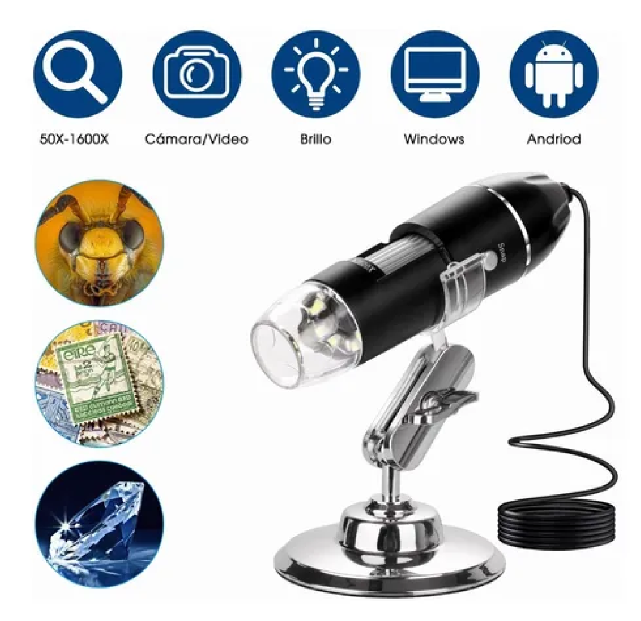 Mini Microscopio Digital Usb 1600x Zoom Optico Hd 8 Leds