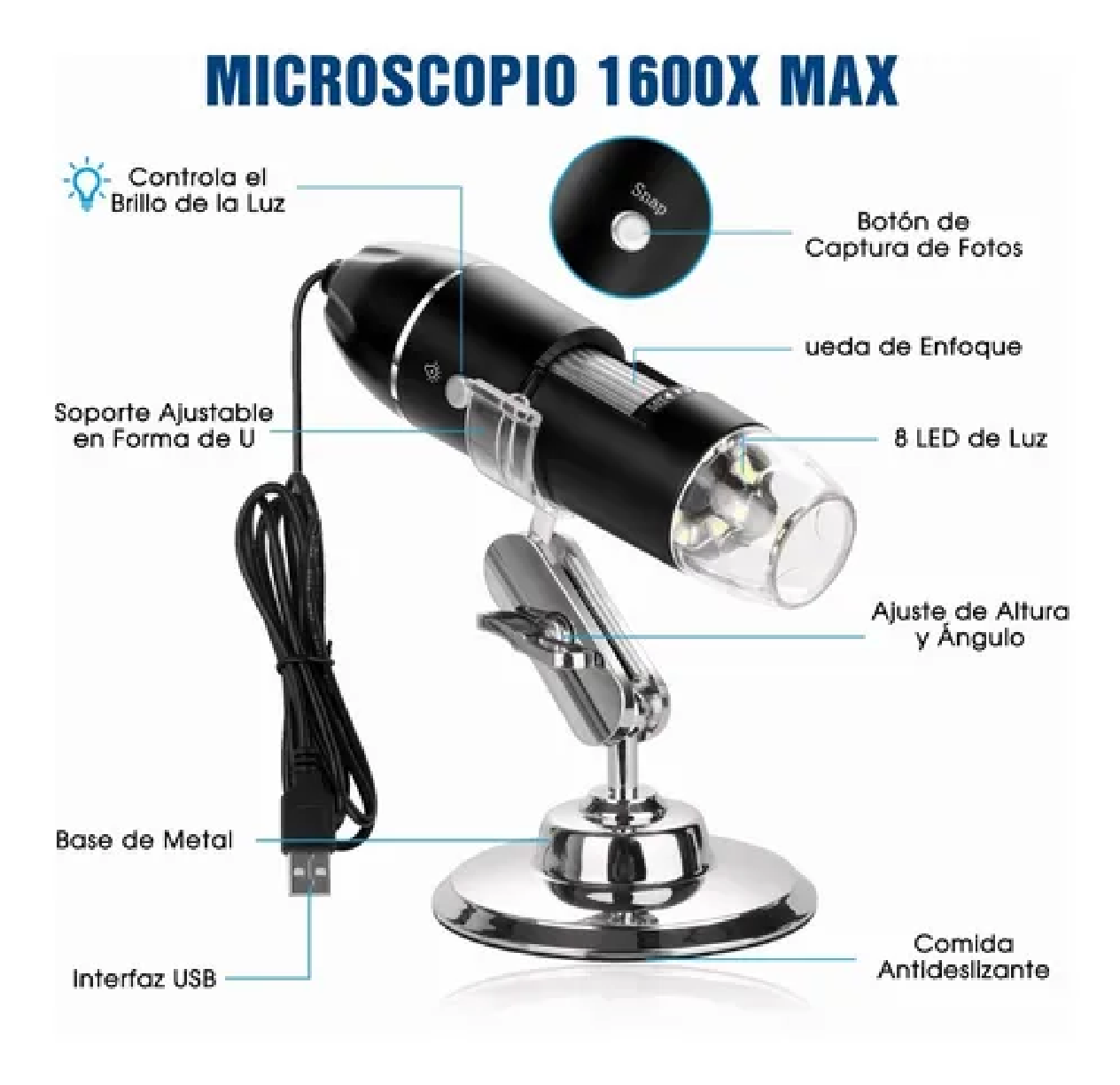 Mini Microscopio Digital Usb 1600x Zoom Optico Hd 8 Leds