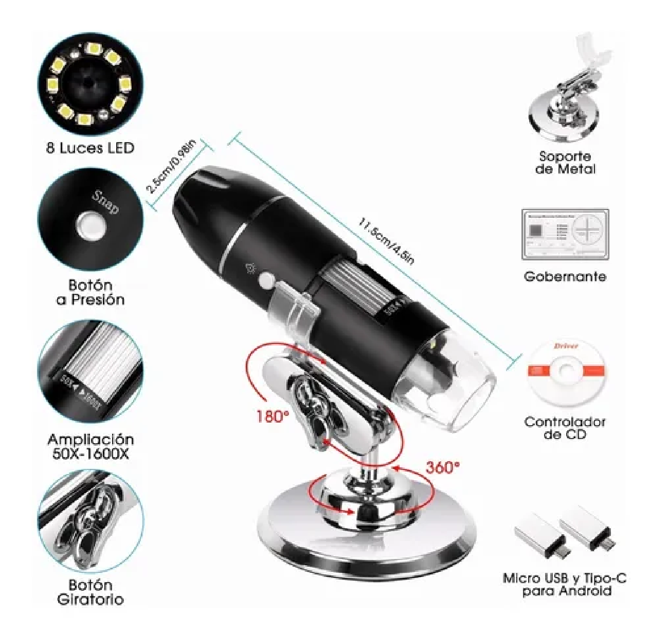 Mini Microscopio Digital Usb 1600x Zoom Optico Hd 8 Leds