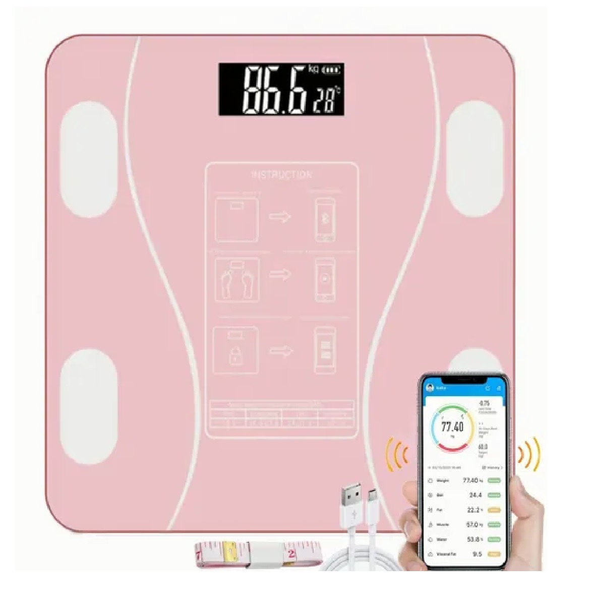 Báscula Con Indicador De Grasa, Bluetooth Y Carga Por Usb Rosa