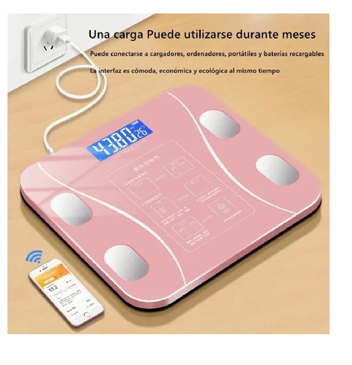 Báscula Con Indicador De Grasa, Bluetooth Y Carga Por Usb Rosa