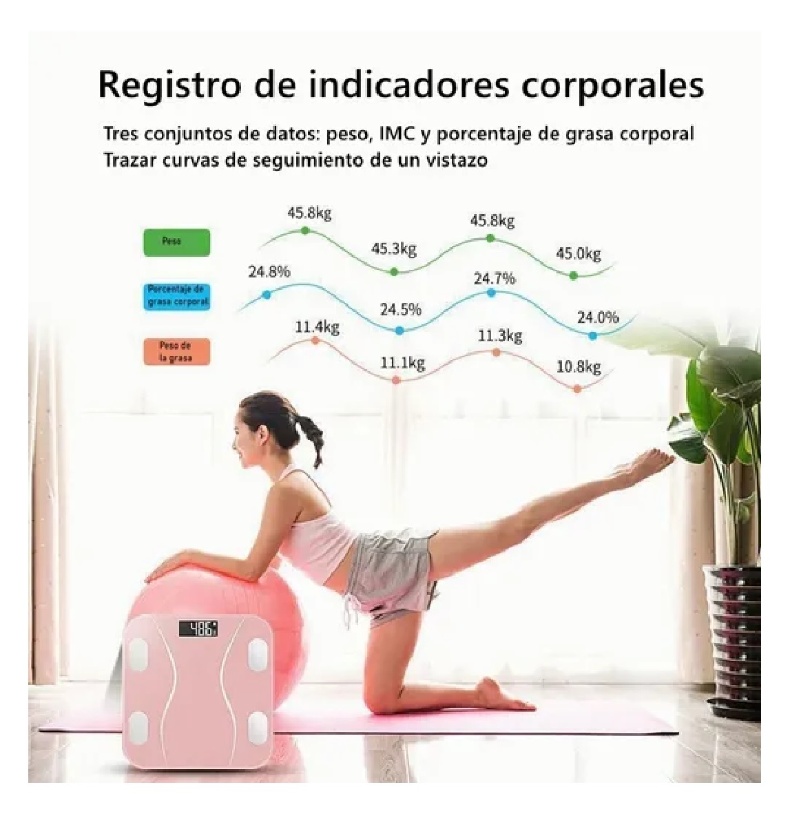 Báscula Con Indicador De Grasa, Bluetooth Y Carga Por Usb Rosa