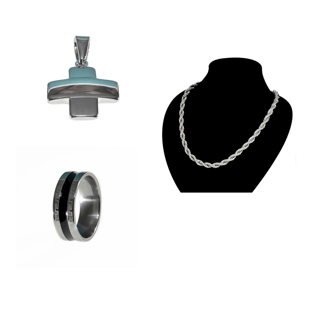 Collar Kit en Acero Inoxidable para Hombre  Collar Torso   55 Cm /Dije Cruz/ AnilloTrama 1 Lineas Color Negro Talla 11