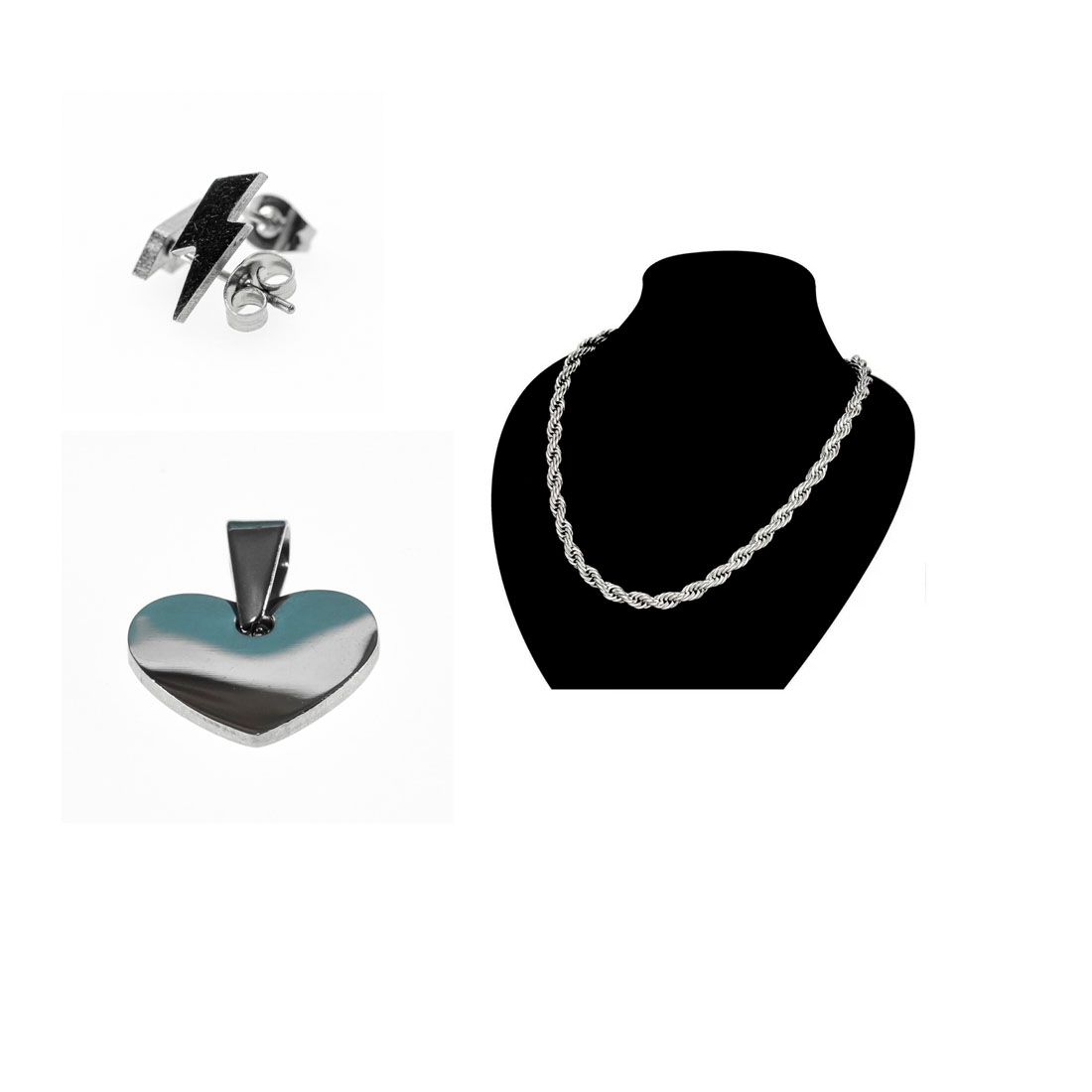 Collar Kit en Acero Inoxidable para Mujer Collar Torso   50 Cm /Dije Corazon/ Arete Rayitos 3Pzas