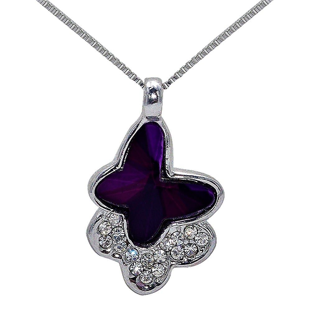 Set ADELSTEN con Cadena, Dije y Aretes Mariposa Morada en Chapa de Rodio y SWAROVSKI ELEMENTS INCLUYE DE REGALO ARETES DIAMOND Y CAJA PARA REGALO